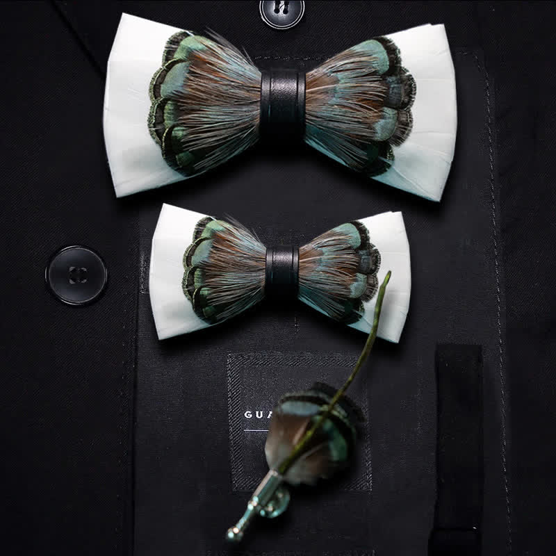 Kid's White & Emerald Green Feather Bow Tie with Lapel Pin