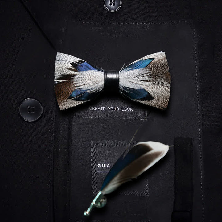 Kid's Brown & Blue Peacock Feather Bow Tie with Lapel Pin