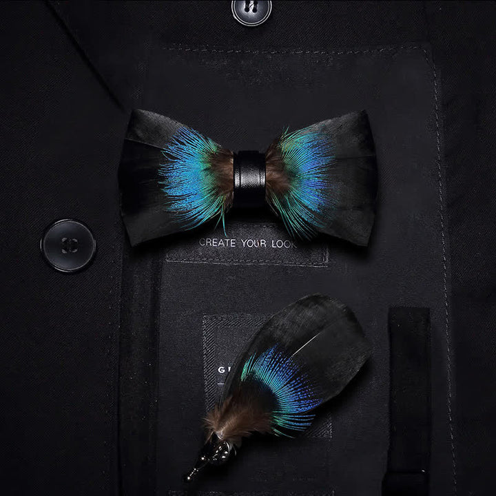 Kid's Black & Blue Versatile Feather Bow Tie with Lapel Pin