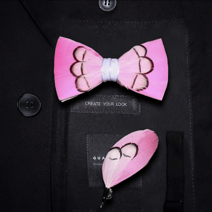 Kid's Powerfully Pink Feather Bow Tie with Lapel Pin