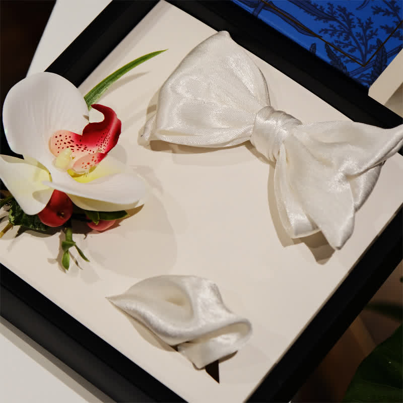 3Pcs Men's White Phalaenopsis Bow Tie Handkerchief Set