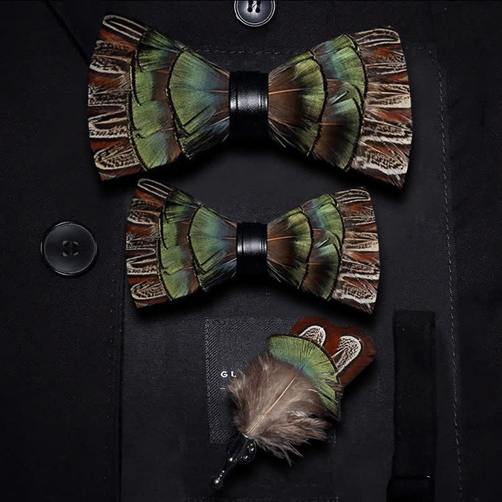 Kid's Brown & Green Forest Retro Feather Bow Tie with Lapel Pin