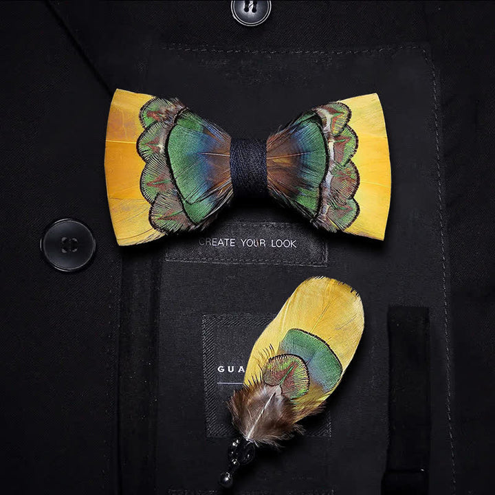 Kid's Bright Yellow & Green Peacock Feather Bow Tie with Lapel Pin