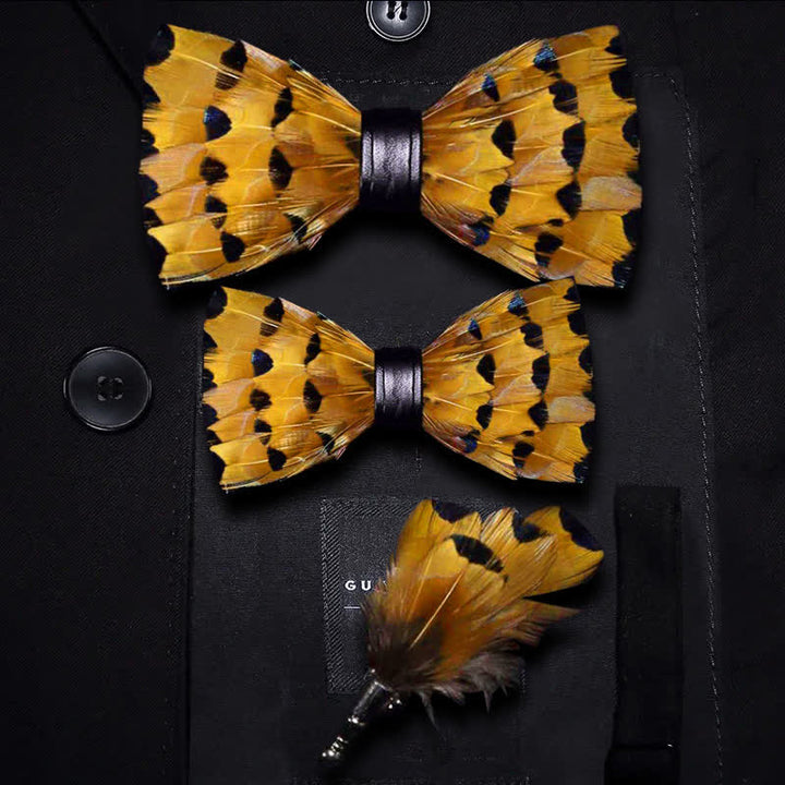 Kid's Yellow & Gold Finch Tail Feather Bow Tie with Lapel Pin