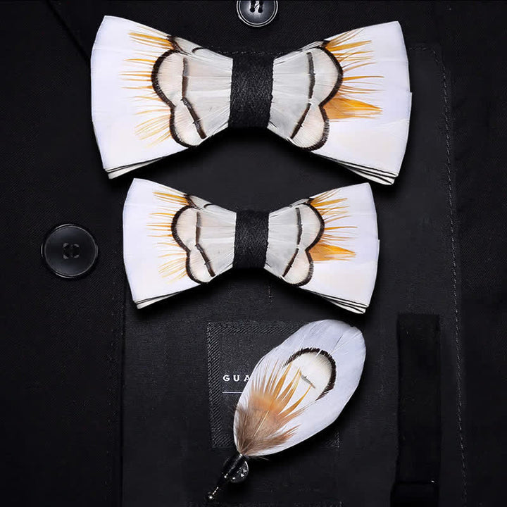 Kid's Beige Elegant Feather Bow Tie with Lapel Pin