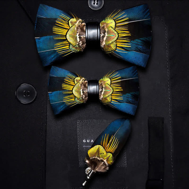 Kid's Blue & Yellow Peacock Feather Bow Tie with Lapel Pin