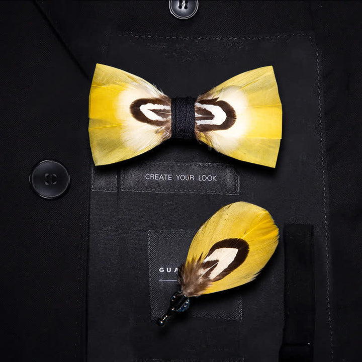 Kid's Yellow Parrot Feather Bow Tie with Lapel Pin