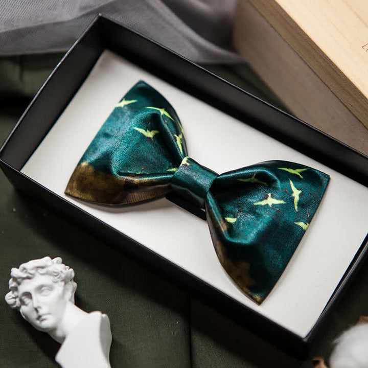 Men's Dark Green Flying Crane Printing Bow Tie