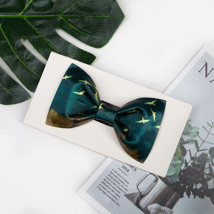 Men's Dark Green Flying Crane Printing Bow Tie