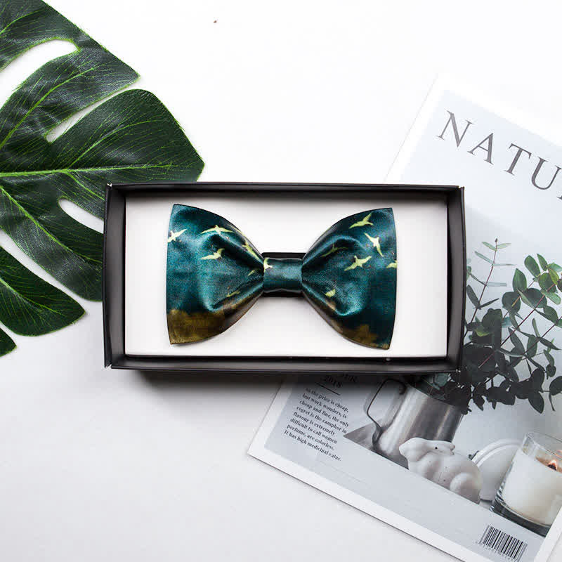 Men's Dark Green Flying Crane Printing Bow Tie