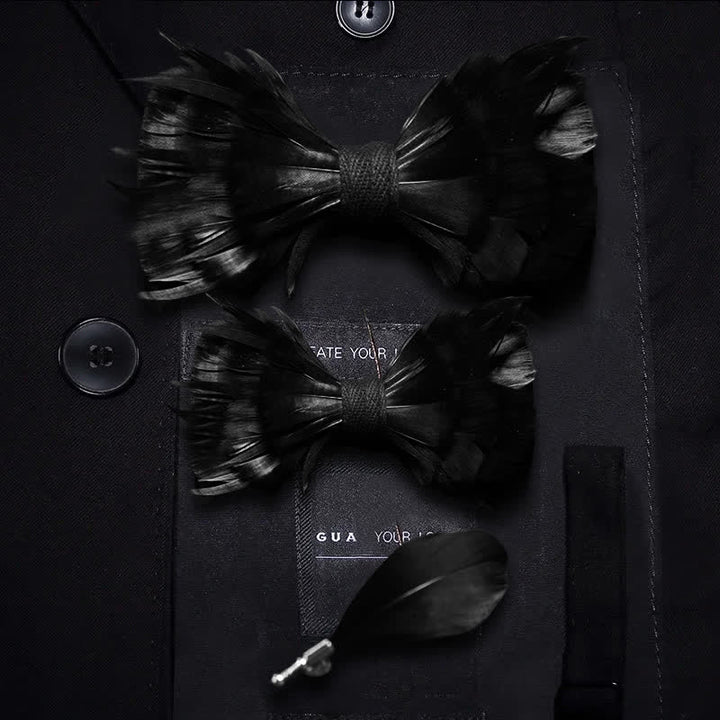 Kid's Solid Black Feather Bow Tie with Lapel Pin