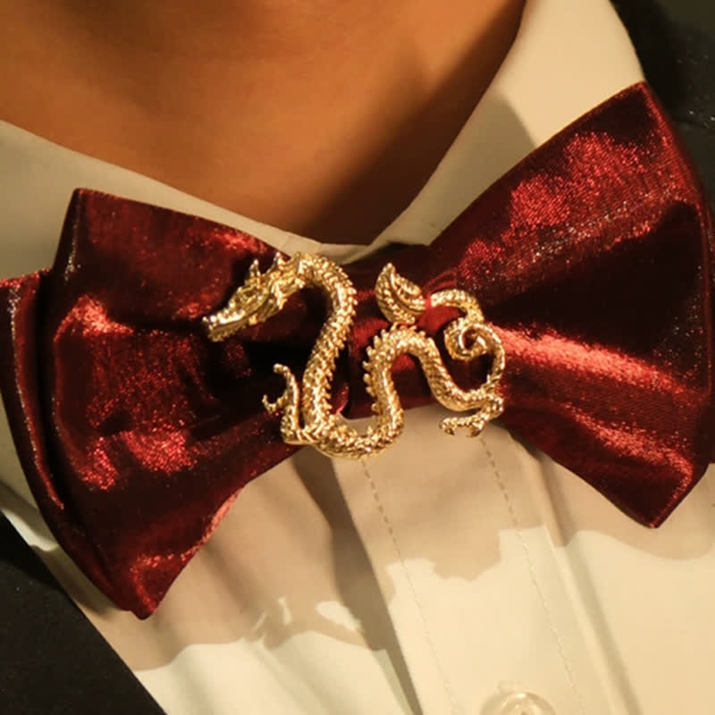 Men's Retro Shiny Burgundy Dragon Decor Bow Tie