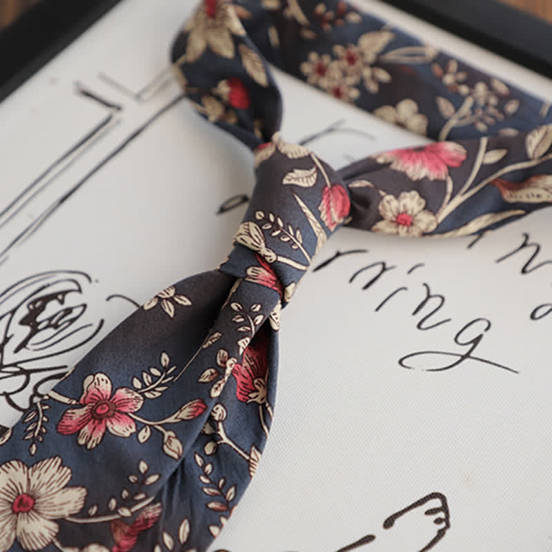 2Pcs Men's Floral Pattern Navy Personality Necktie Set