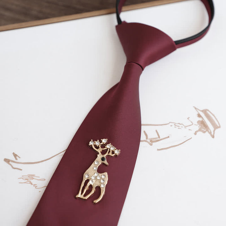 Men's Dark Red Golden Decor Wedding Zipper Necktie