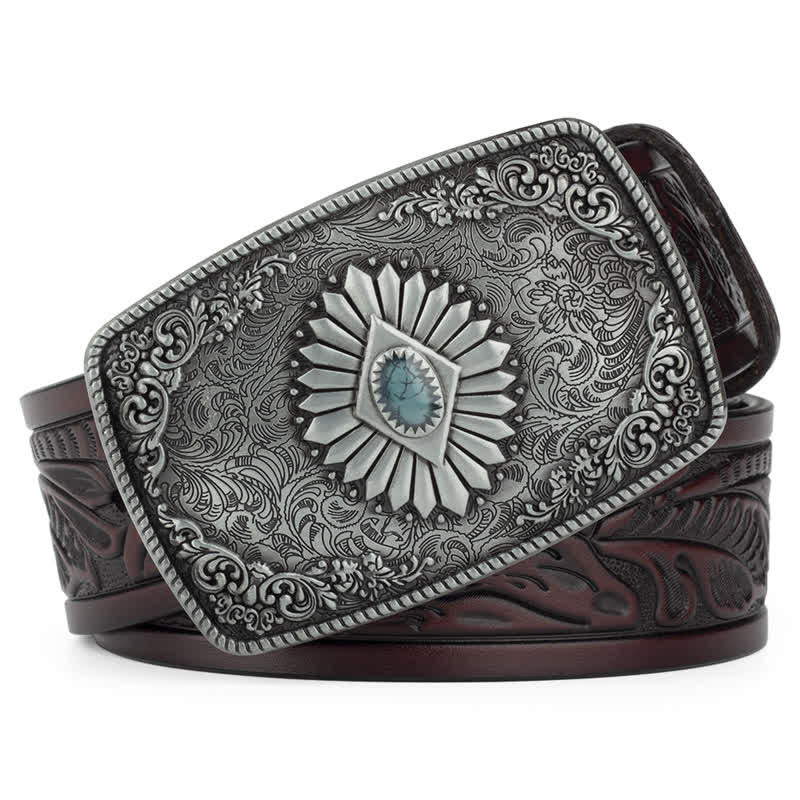 Men's Floral Engraving Pattern Automatic Buckle Leather Belt