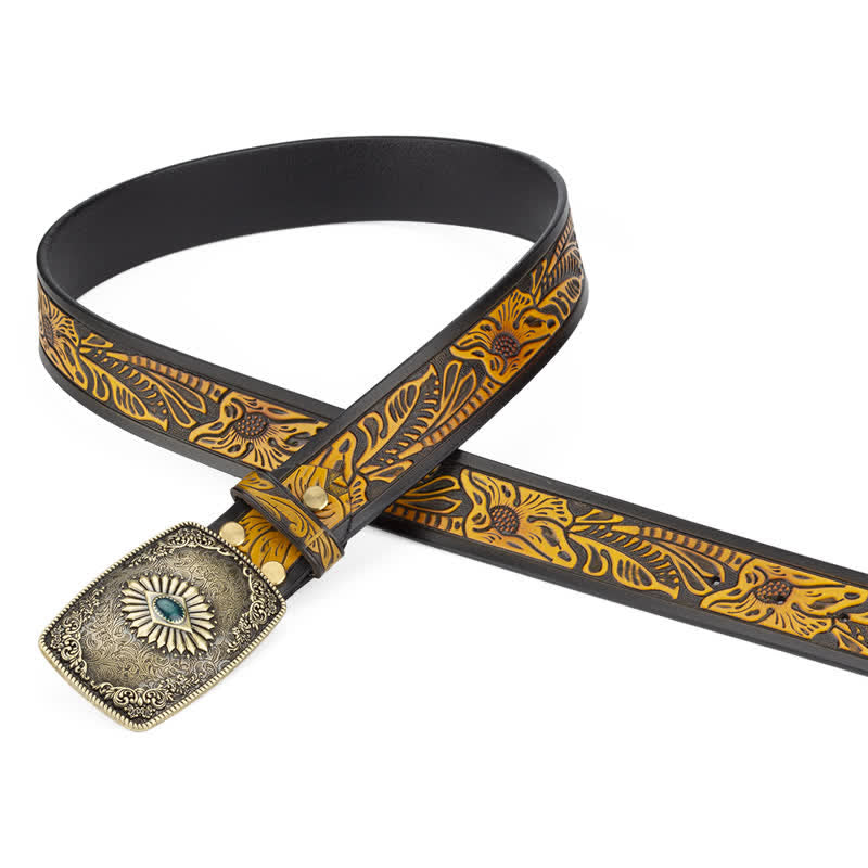 Men's Floral Engraving Pattern Automatic Buckle Leather Belt