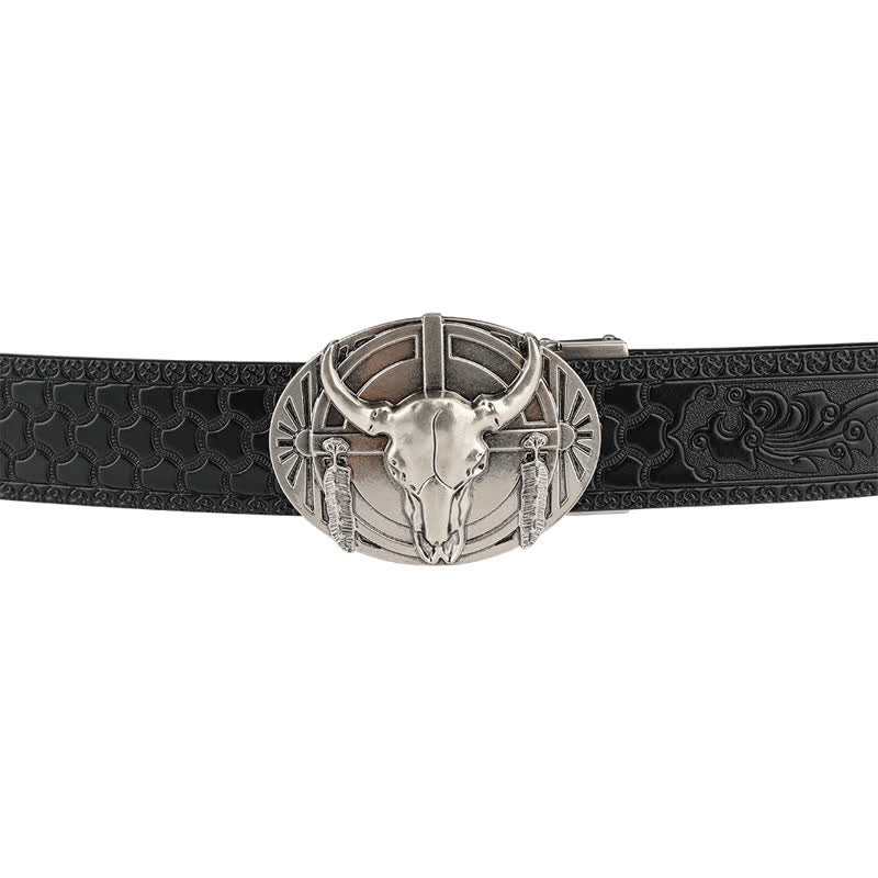 Men's Longhorn Bull With Feather Automatic Buckle Leather Belt