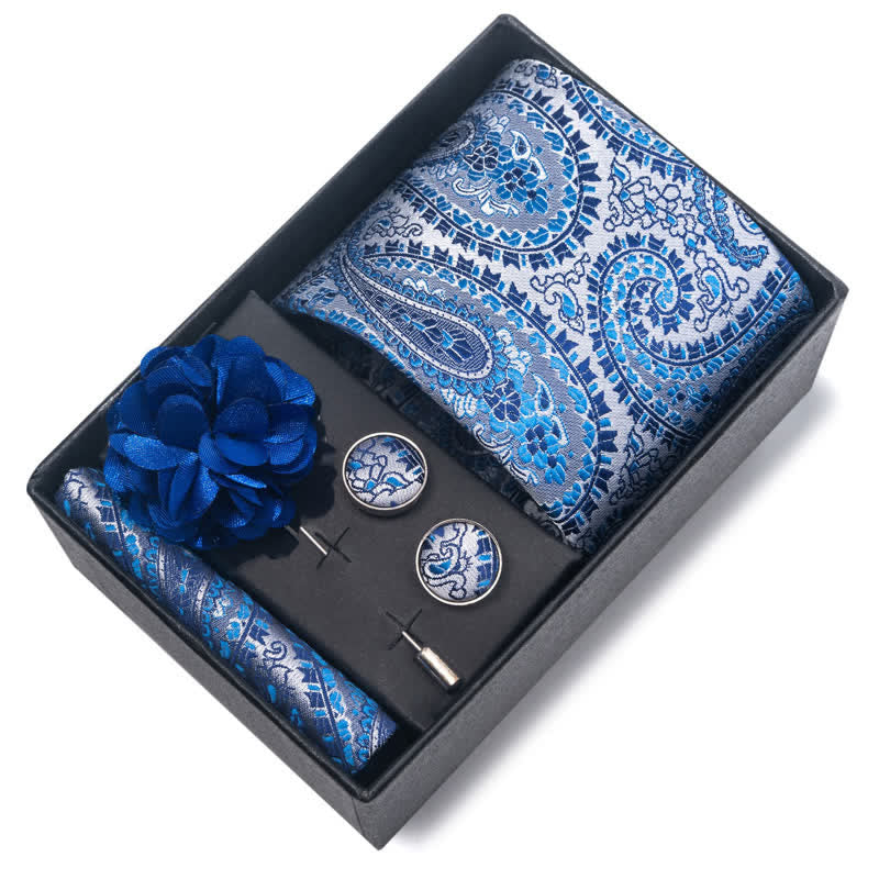 4Pcs Men's Blue Series Floral Striped Necktie Set