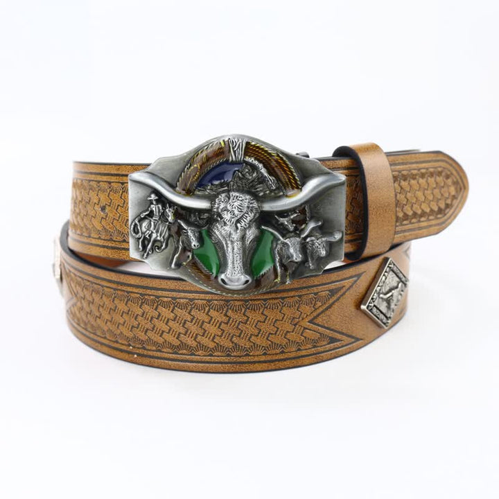 Men's Wild Texas Longhorn Bull Head Leather Belt