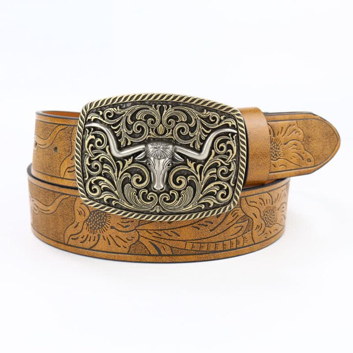 Men's Bronze Bull Pattern Floral Engraved Leather Belt