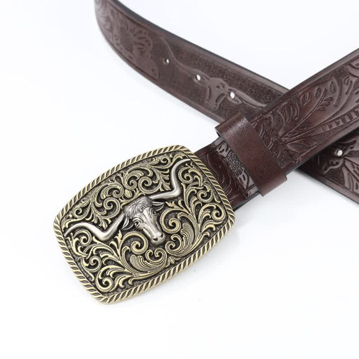 Men's Bronze Bull Pattern Floral Engraved Leather Belt