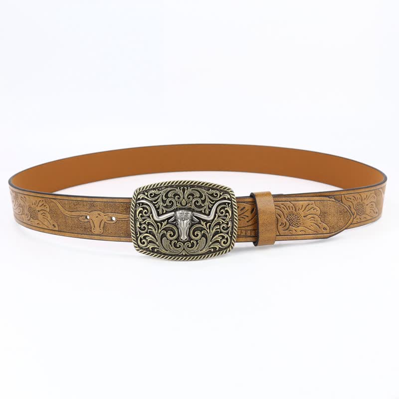 Men's Bronze Bull Pattern Floral Engraved Leather Belt