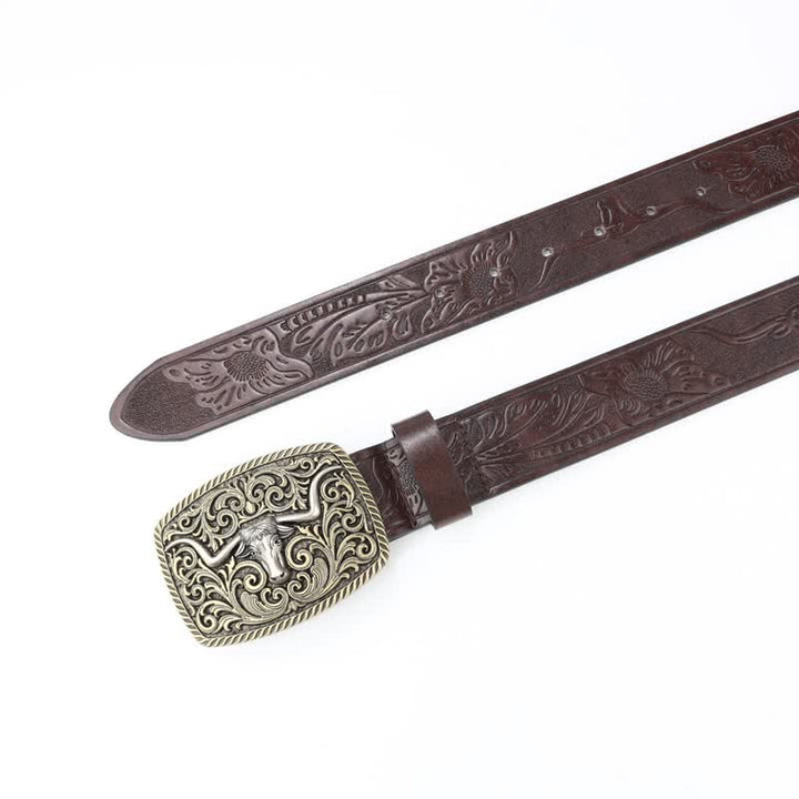 Men's Bronze Bull Pattern Floral Engraved Leather Belt