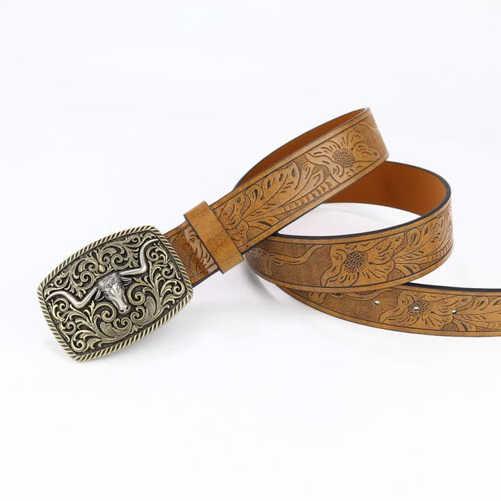 Men's Bronze Bull Pattern Floral Engraved Leather Belt