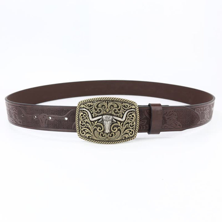 Men's Bronze Bull Pattern Floral Engraved Leather Belt