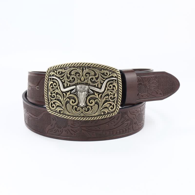 Men's Bronze Bull Pattern Floral Engraved Leather Belt