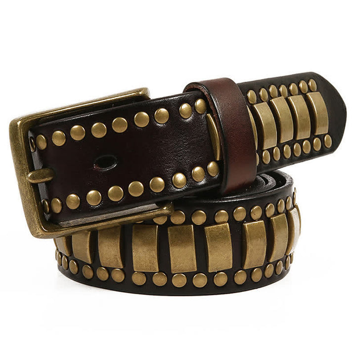 Men's Antique Gold Round Square Rivets Leather Belt