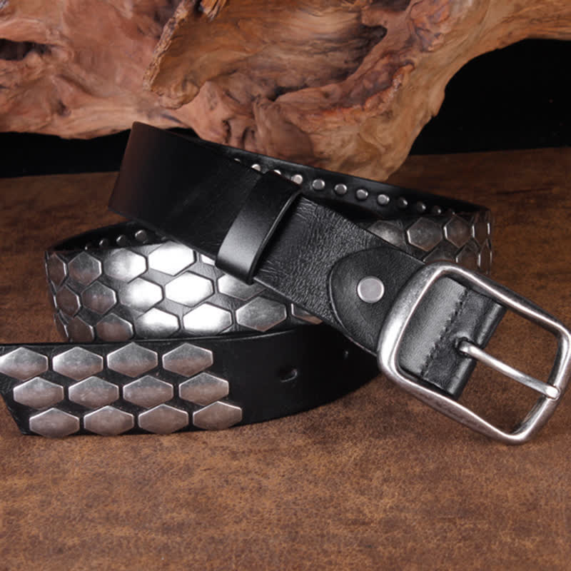 Men's Punk Fish Scale Flakes Rivets Leather Belt