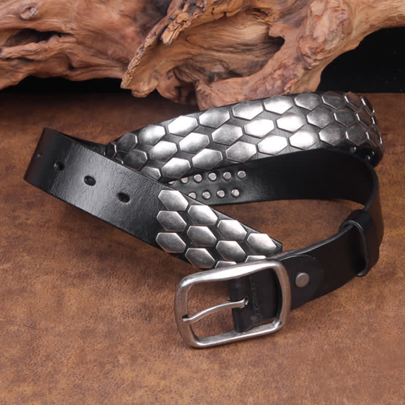 Men's Punk Fish Scale Flakes Rivets Leather Belt