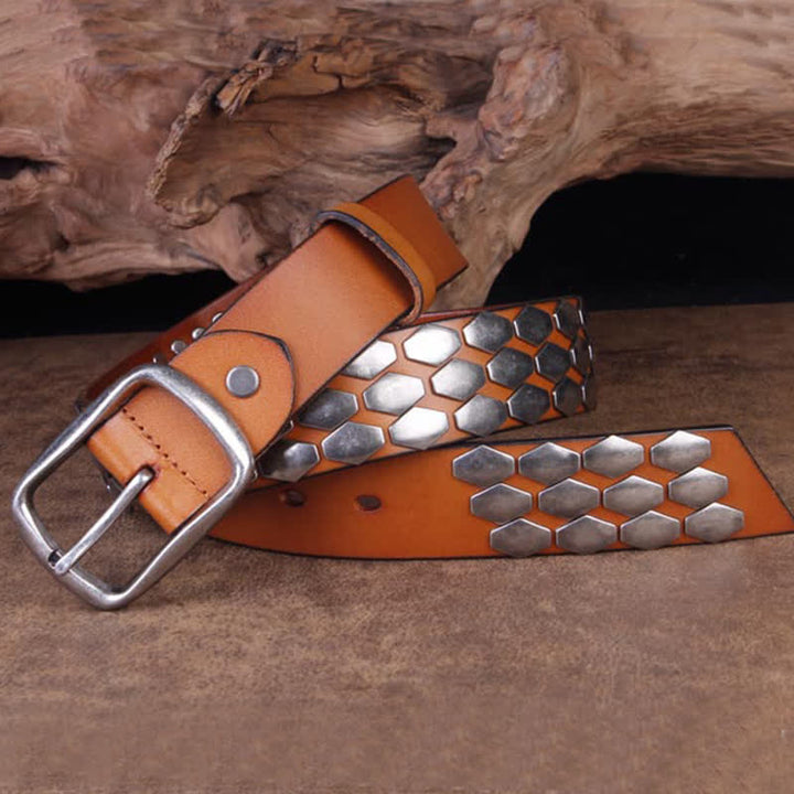 Men's Punk Fish Scale Flakes Rivets Leather Belt