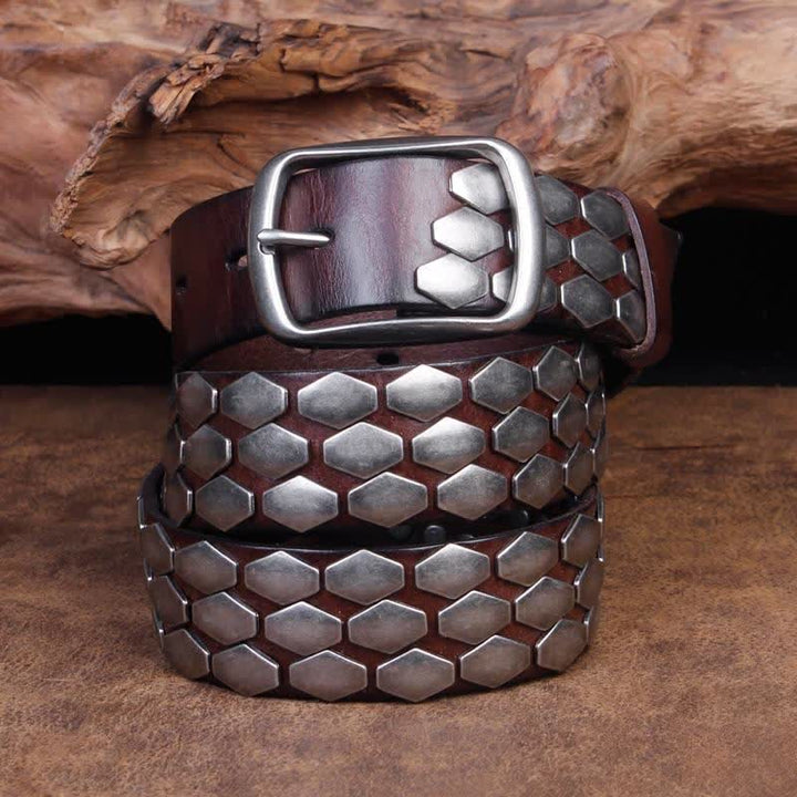 Men's Punk Fish Scale Flakes Rivets Leather Belt