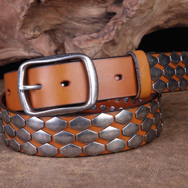 Men's Punk Fish Scale Flakes Rivets Leather Belt