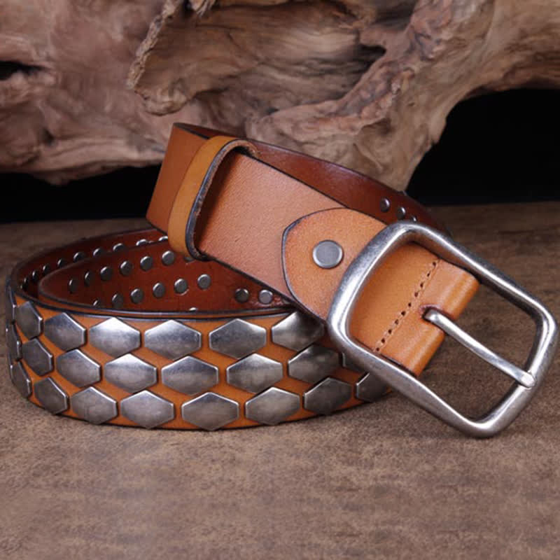 Men's Punk Fish Scale Flakes Rivets Leather Belt