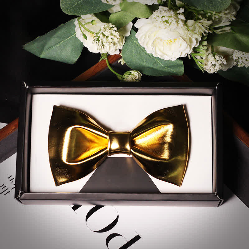 Men's Shining Modern Metallic Gold Leather Bow Tie