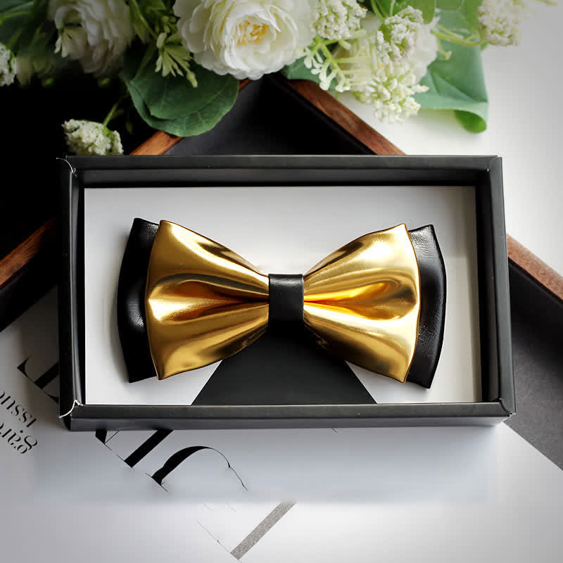 Men's Gold & Black Double Layers Leather Bow Tie