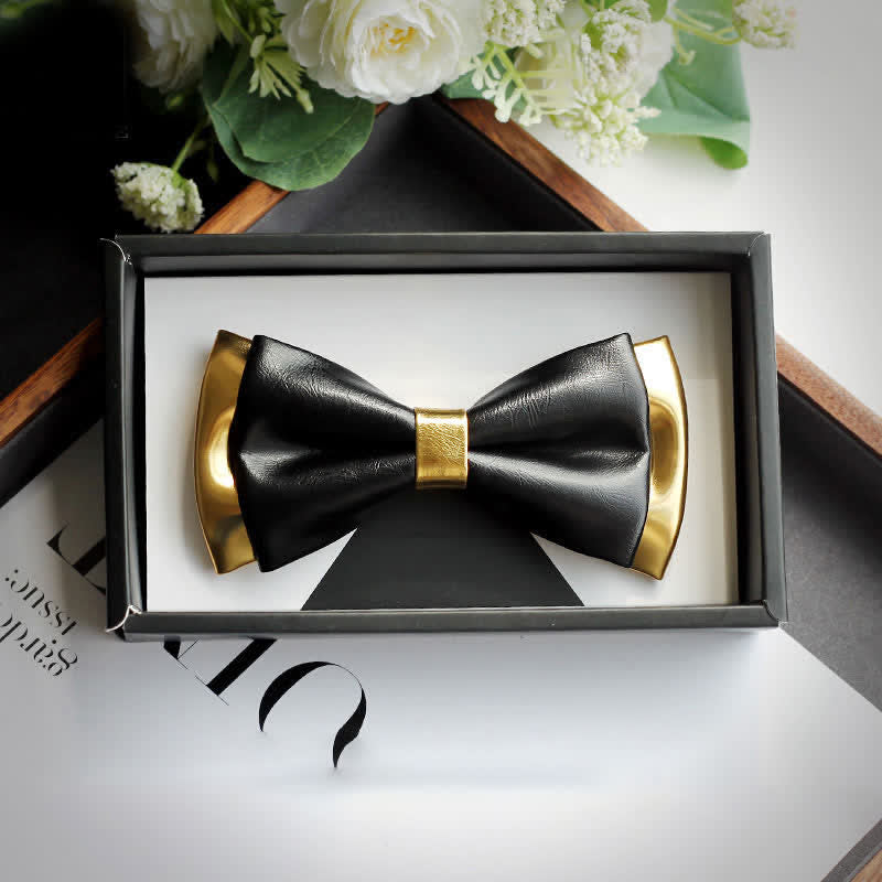 Men's Gold & Black Double Layers Leather Bow Tie