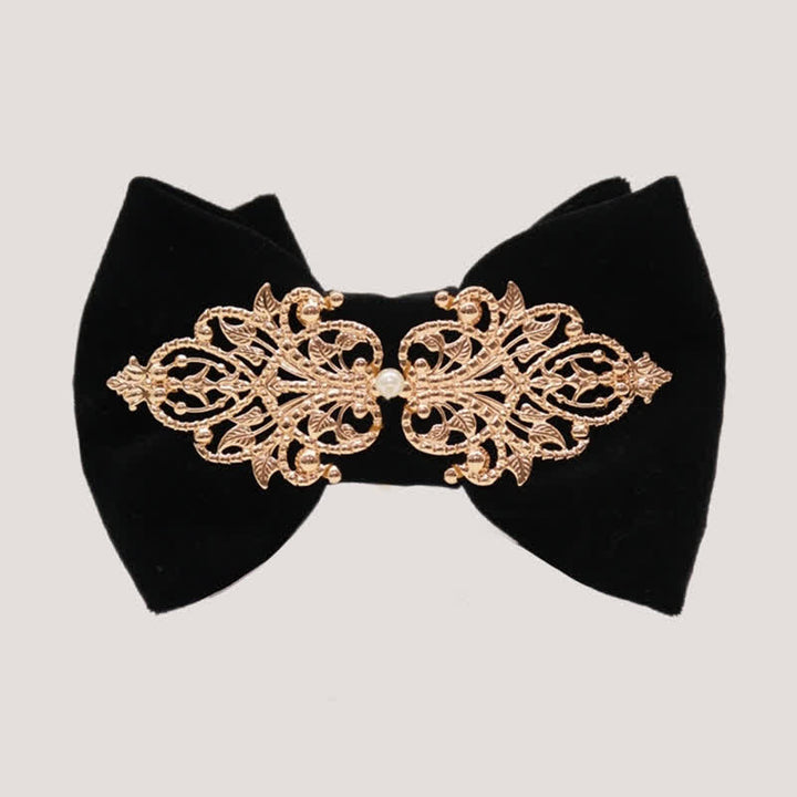 Men's Black Velvet Metallic Decor Oversized Pointed Bow Tie