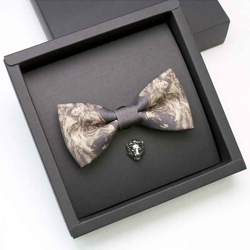 2Pcs Men's Lion Head Pattern Brooch Bow Tie Set - Lion - image 0