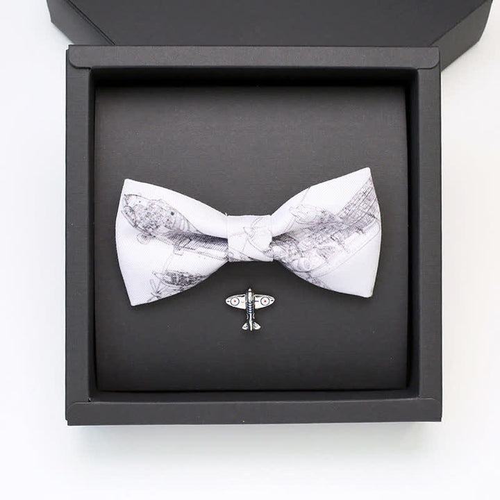 2Pcs Men's White Aviation Plane Brooch Bow Tie Set