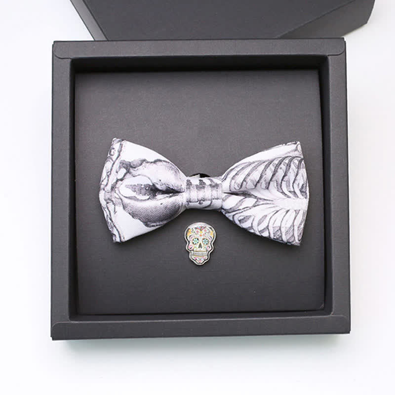 2Pcs Men's Gray Skeleton Skull Head Brooch Bow Tie Set