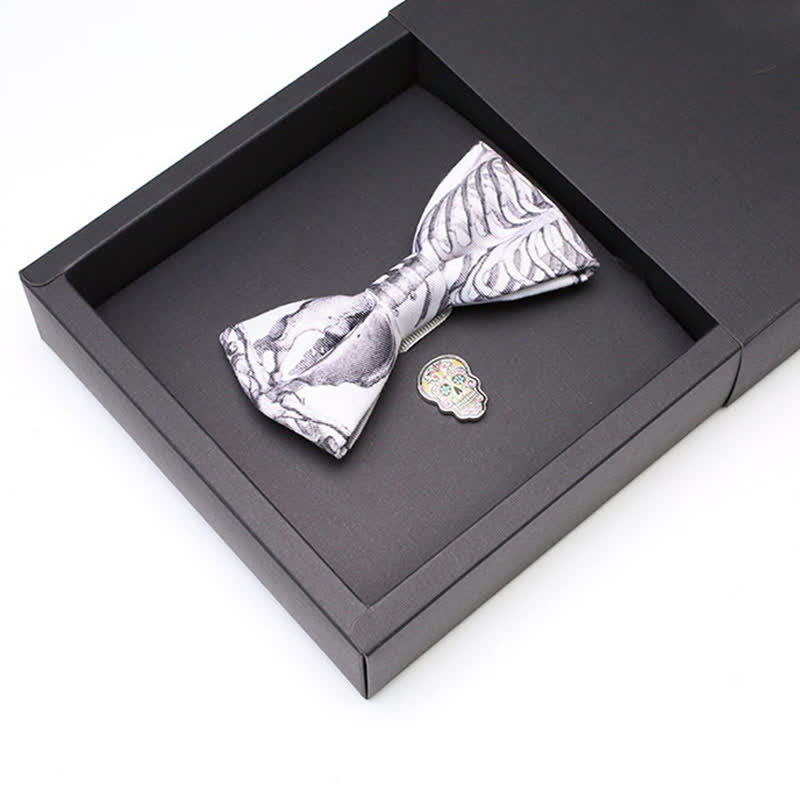 2Pcs Men's Gray Skeleton Skull Head Brooch Bow Tie Set