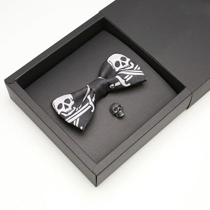 2Pcs Men's Black & White Pirate Skull Brooch Bow Tie Set