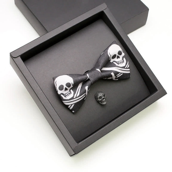 2Pcs Men's Black & White Pirate Skull Brooch Bow Tie Set