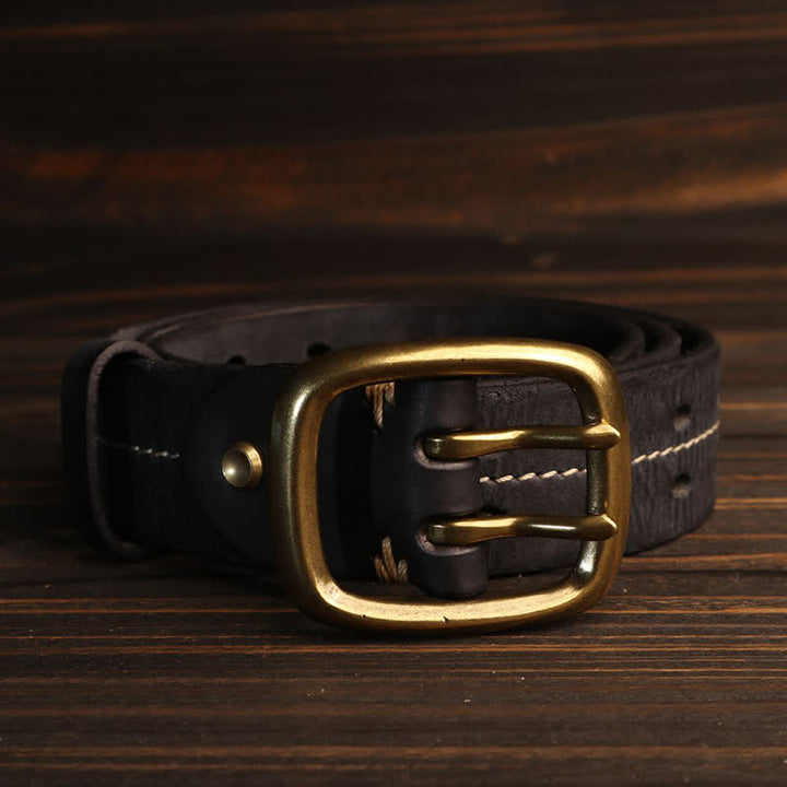 Men's Double Holes Brass Buckle Leather Belt