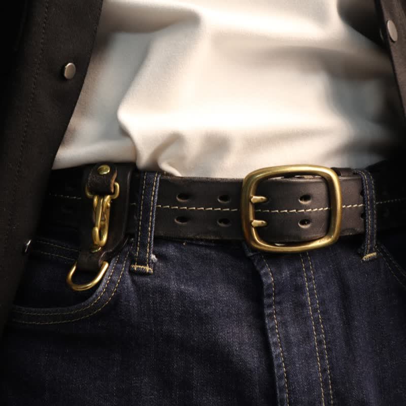 Men's Double Holes Brass Buckle Leather Belt