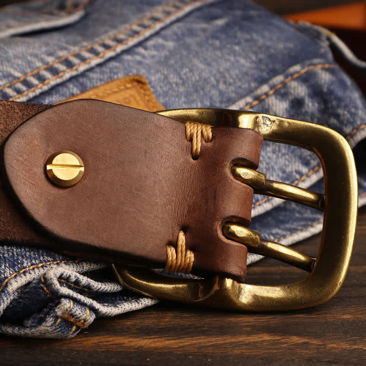 Men's Double Holes Brass Buckle Leather Belt